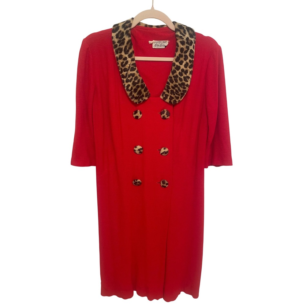 Vintage Red Dress Leopard Faux Fur Collar Double Breasted Midi Lora Lenox